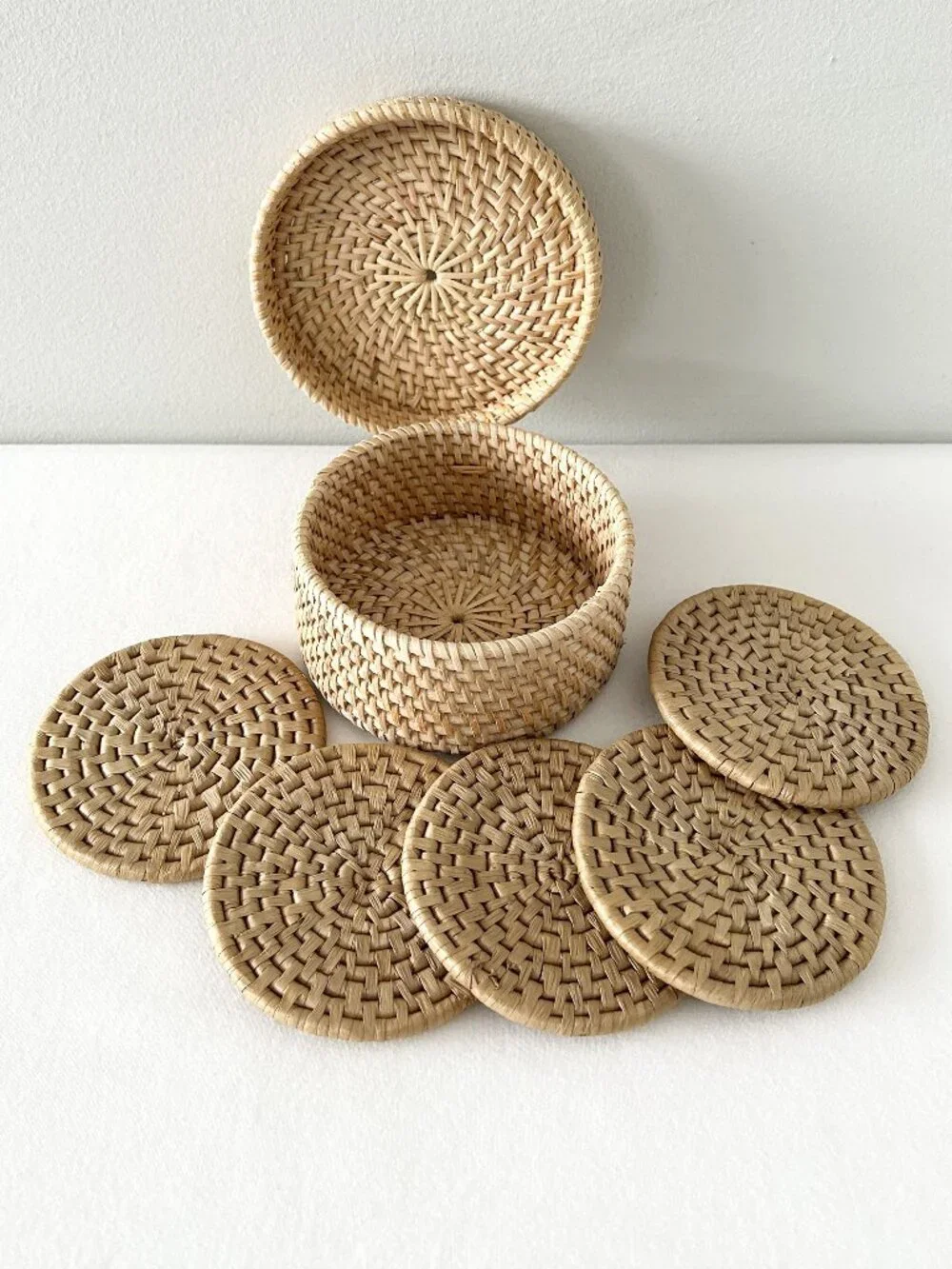 6 Pc Woven Rattan Coaster Set Natural Wicker Round Basket Hinged Lid Boho Decor